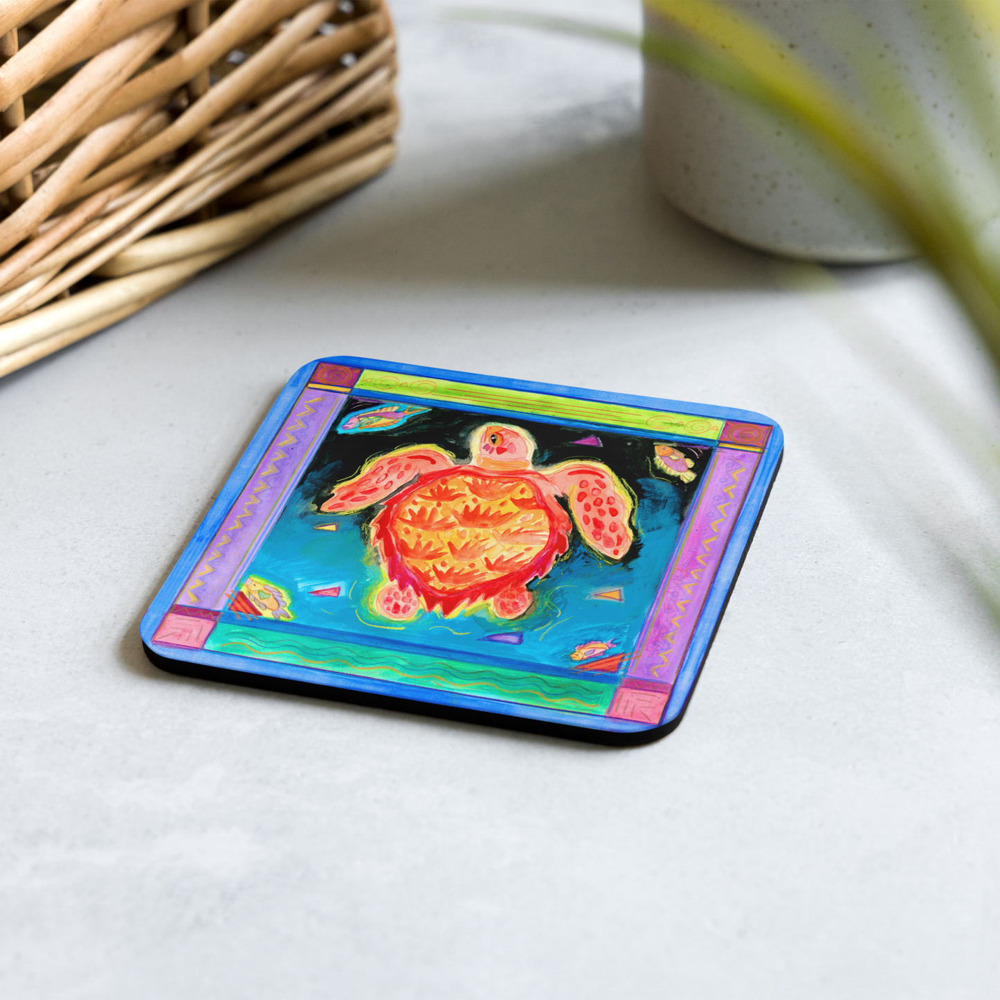 Florida Seas - orange sea turtle cork-back coaster