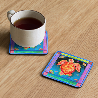 Florida Seas - orange sea turtle cork-back coaster