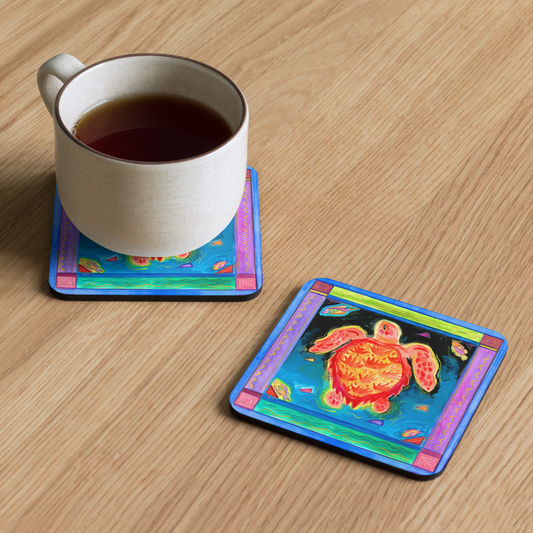 Florida Seas - orange sea turtle cork-back coaster